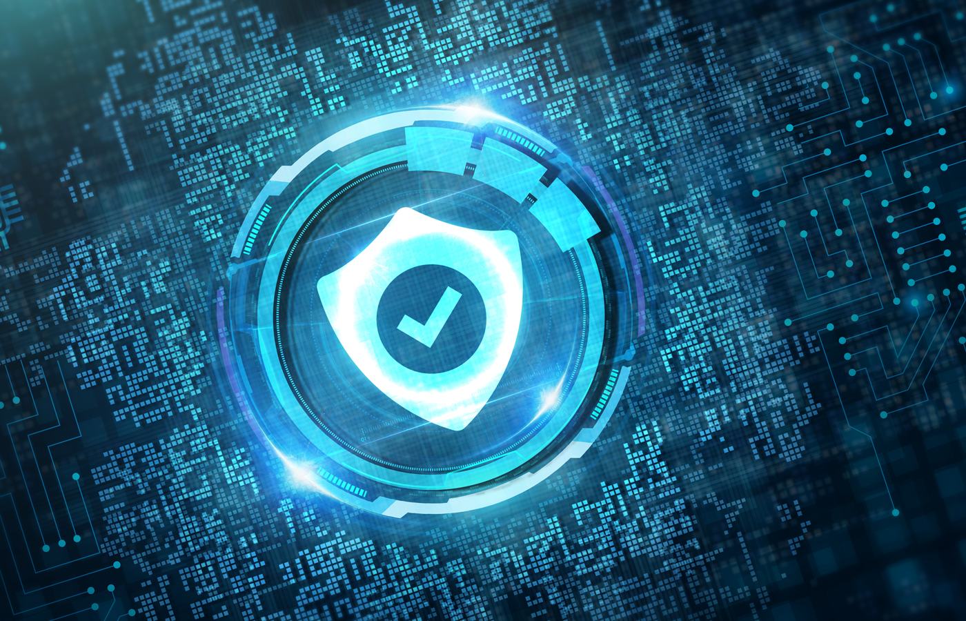 Security shield icon with check mark on the virtual display.