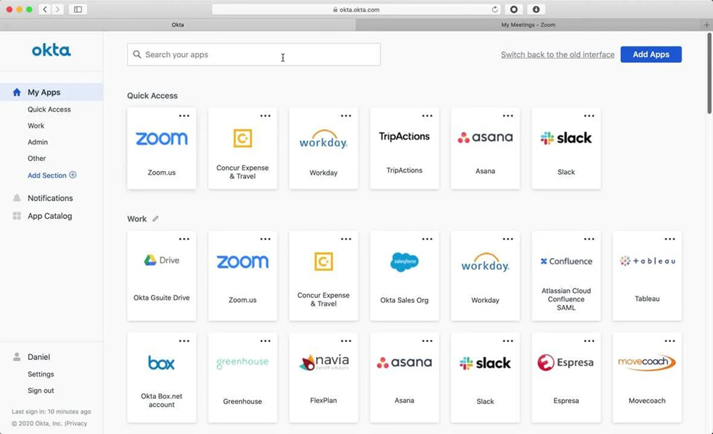 Okta dashboard.